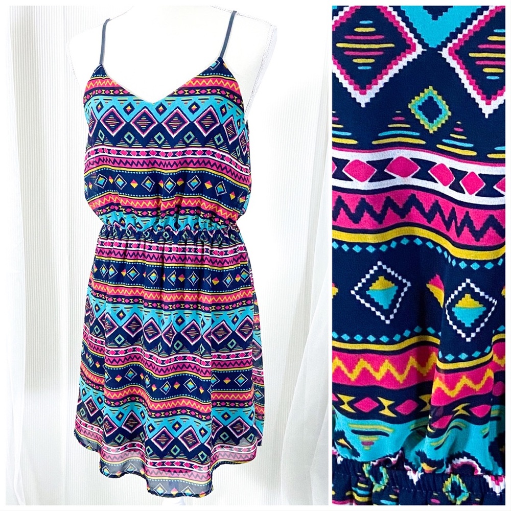 Rosebud Navy Aztec Print Dress Adjustable Straps
